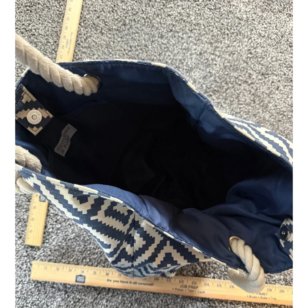 Summer & Rose Canvas Tote Bag Navy Blue White Geometric Diamond Rope Handle